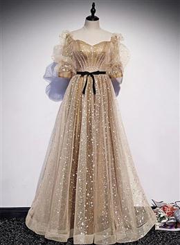 Picture of Champagne Tulle Long Party Dresses, Short Sleeves A-line Formal Dresses Evening Dresses